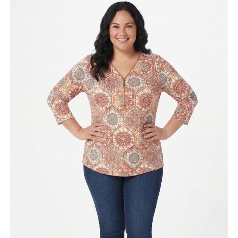 Belle by Kim Gravel Top XL Multi Geometric Stretch Knit 3/4 Sleeve Half Zip